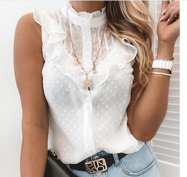 Blusas Femininas 2023Camiseta Feminina Sexy Renda Bolinhas Sem Mangas Gola Regata Gola Babada Tops Transparentes Spring Fashion Branco OfficeTops