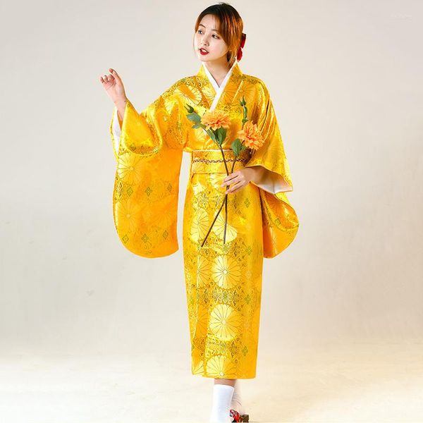 Roupa étnica Ouro Seda Brocado Quimono Japonês Feminino Traje Formal Tradicional Melhorado Yukata Palco Anime Flor Solta Traje Oiran