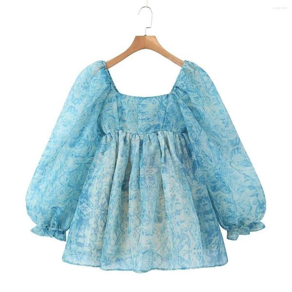 Vestidos casuais de alta qualidade Design mais recente Vestido feminino com estampa floral Organza Manga comprida menina Doce Curto