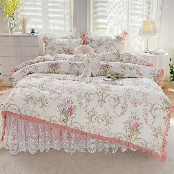 Conjuntos de Lençóis de Algodão Coreano Estilo Princesa Conjunto Flores Padrão Capa de Edredom Renda Babados Saia de Cama Acolchoada Colcha Fronhas