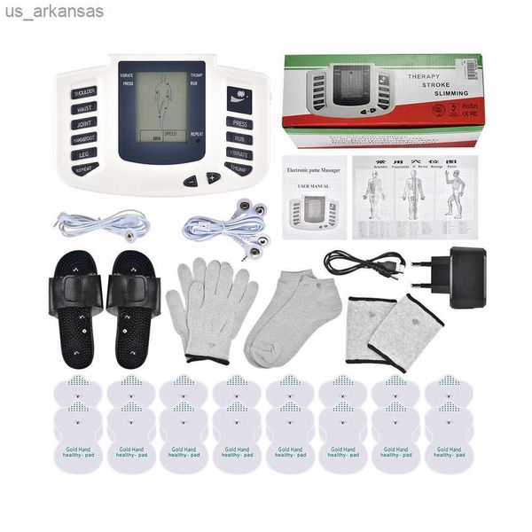 EMS-Einheit Physiotherapie-Massagegerät-Set Muskel-Relax-Stimulator Digitales Therapiegerät 16 Patches Hausschuhe Handschuhe Armband Socken L230523