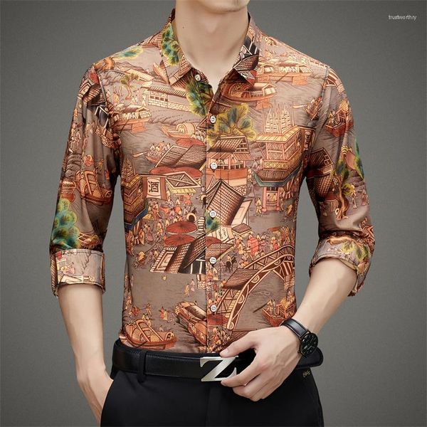 Camicie casual da uomo Camicia da uomo con stampa stile cinese Moda autunnale Camicetta da ufficio da uomo a maniche lunghe slim fit personalizzata quotidiana