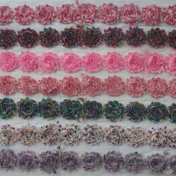 Haarschmuck 30 Jahre 2,5 Zoll bedruckte Shabby-Chiffon-Blumen für Mädchen, Stirnbänder, ausgefranste Blumen, DIY-Hochzeitsboutique