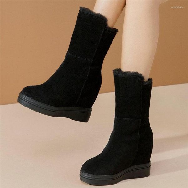 Sapatos sociais Moda Tênis Feminino Cunhas de Couro Genuíno Sapatos de Salto Alto Feminino Dedo do Pé Redondo Inverno Quente Botas de Neve Punk Tênis Longos