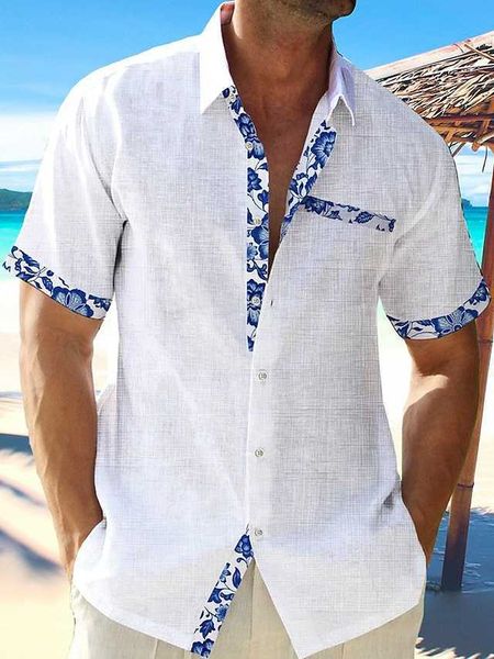 Camisa de linho masculina Camisa casual Camisa de verão Camisa de praia Preto Branco Rosa Manga curta Lapela lisa Primavera Verão Havaiano Roupas de férias Vestuário Bolso frontal