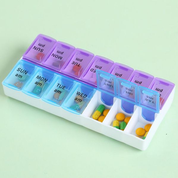 Caixa de comprimidos portátil 14 grades semanais 7 dias caixa de remédios dispensador de comprimidos organizador caixa de comprimidos divisores caixa de armazenamento de plástico