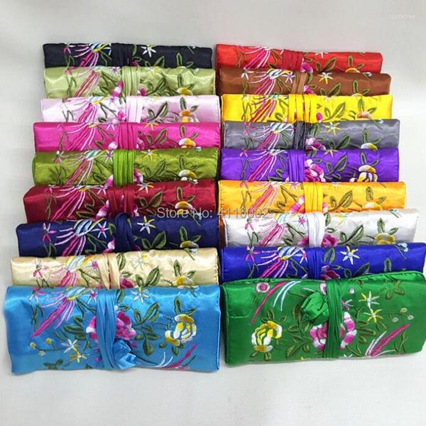 Borse portaoggetti 20pcs Ricamato Lucky Folding 3 Zipper Bag Strap Raso Gioielli Roll Up Pouch Makeup Stile cinese Cosmetico