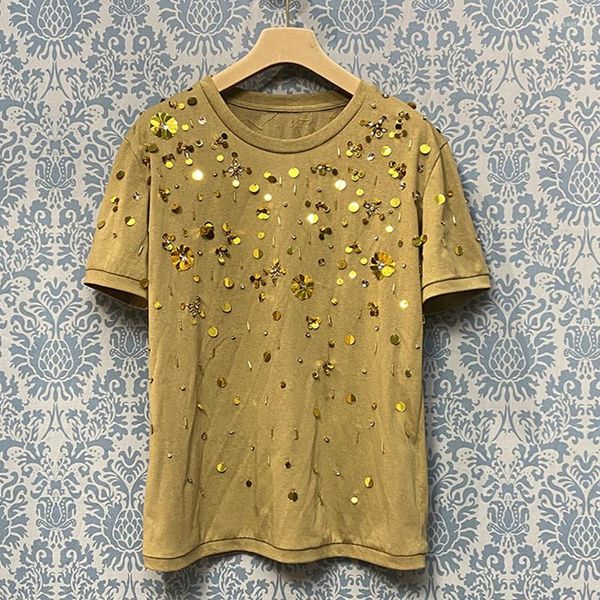 Damen-T-Shirts, Sommer, 2023, Mädchen, lockeres T-Shirt, stilvoll, schick, goldfarben, Pailletten, Diamant, kurzärmelig, O-Ausschnitt, Damen, lässig, einfarbig, modische Tops