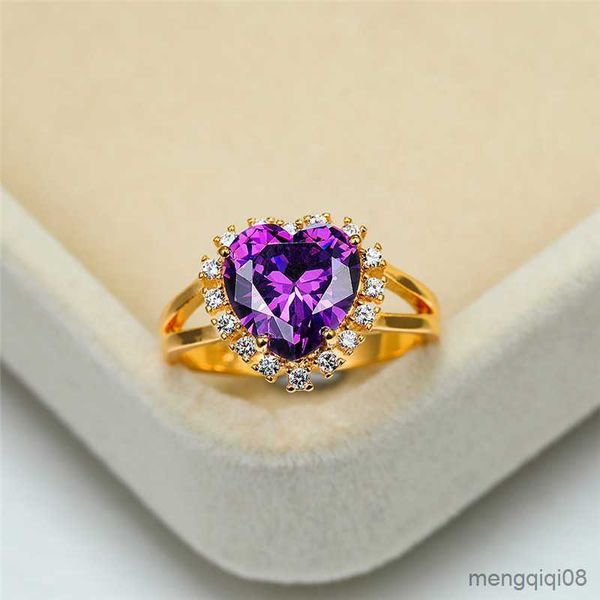 Anéis de banda de luxo feminino anel de cristal roxo ouro amarelo casamento oco para mulheres bonito nupcial grande amor coração noivado