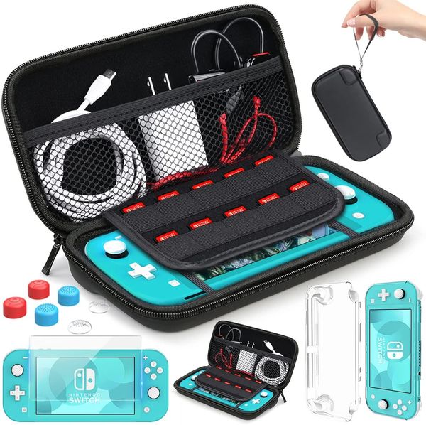 Bolsas Heystop Compatível com Nintendo Switch Lite Caso de transporte com acessórios kit de vidro temperado Protetor de tela 6 tampa do polegar