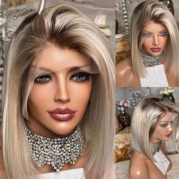 Cabelo peruano Ash Blonde Bob Lace Front perucas para mulheres 180density Full Short Bob Lace Frontal Wig Ombre Synthetic Closure Closure Wig