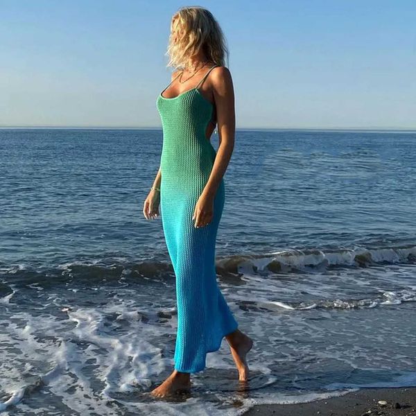 Abito da spiaggia con copertura all'uncinetto Abito lungo senza maniche da donna Abbigliamento da spiaggia Abiti lunghi lavorati a maglia trasparenti Abito da festa aderente senza schienale