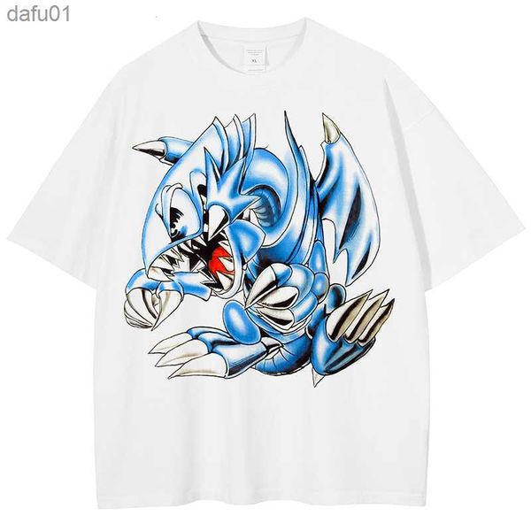 T-shirt Harajuku Streetwear Fashion T-shirt stampa dinosauro blu T-shirt estiva in cotone casual T-shirt uomo Hip Hop manica corta T-shirt L230520