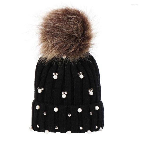 Berets Solide Pompom Hut Junge Winter Caps Mädchen Jungen Gestrickte Wolle Baumwolle Perle Beanie Kunstpelz Pom Poms Skullies Motorhaube kinder Kappe