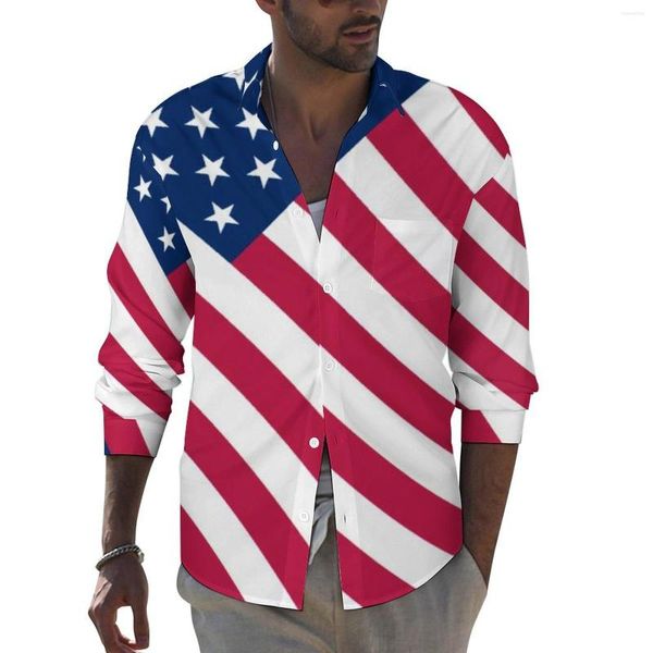 Herren-Freizeithemden, patriotisches amerikanisches Flaggen-Hemd, Sterne und Streifen-Druck, Harajuku-Design, Blusen, lange Ärmel, Vintage-Oversize-Kleidung