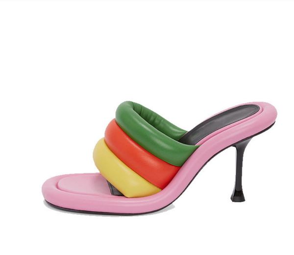 Nuovi sandali fatti a mano riempiti a mano con colori arcobaleno a contrasto faccia morbida sandali con bocca di pesce grande per spettacoli da passeggio sandali con punta aperta per donna taglia 35-43