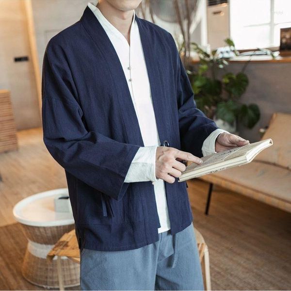 Vestuário étnico Jaqueta de algodão Linho Melhoramento Hanfu Masculino Japonês Kimono Cardigan trespassado Curto Solto Casaco Taichi Plus Size Com