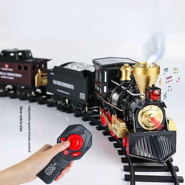 Trem de simulação de trilha elétrica/rc controle remoto retrô vapor elétrico controle de velocidade stepless remoto trem para fumar brinquedos infantis 230601