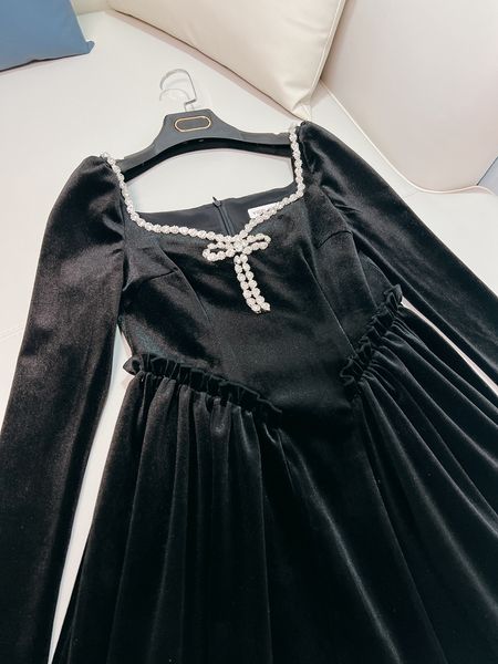 2023 outono preto cor sólida vestido de veludo com strass manga longa decote quadrado curto mini vestidos casuais Y3M257833