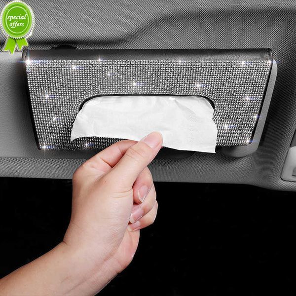 Neue Bling Diamant Aufkleber Sonnenblende Auto Tissue Box mit Kristall Leder Auto Serviette Tissue Hängen Tasche Halter für auto Zubehör