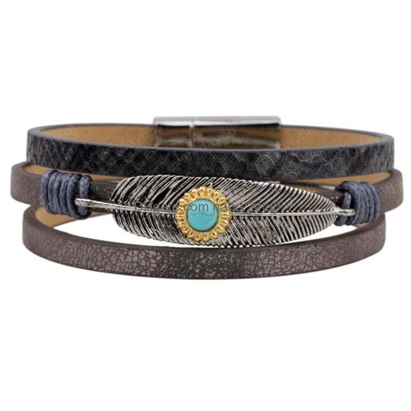 Perlen Großhandel Vergoldete Feder Mit Grün Türkis Stein Perlen Lederarmband Ethnischen Stil Schmuck Drop Lieferung Armbänder Dhcgg