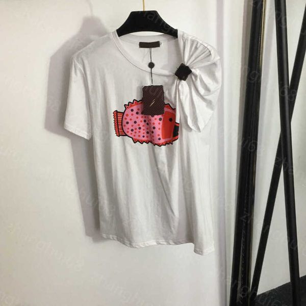 Camiseta feminina 23ss camiseta feminina roupas de grife gola redonda puro algodão fivela de couro personalizada torção onda dot impressão de peixe manga curta camiseta roupas femininas a1