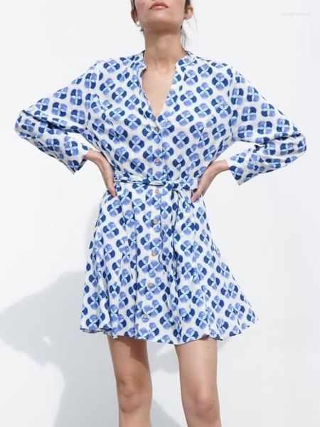 Vestidos casuais camisa estampada vestido mulher cinto curto azul para mulheres 2023 manga longa um tipo bainha roupa de escritório feminina