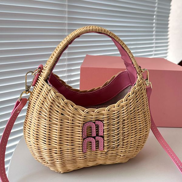 Borsa da spiaggia intrecciata in rattan Borse a tracolla Borse estive Borse di paglia Borse a tracolla fatte a mano in pelle Designer Cesto di verdure Borse di grande capacità Borsa da viaggio da donna