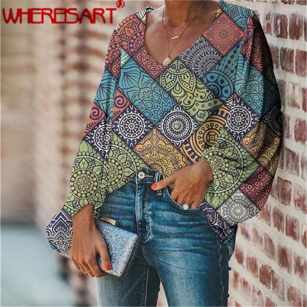 Blusas Femininas WHEREISART Femininas Vintage Tops Camisas Mandala Boêmia Estampa Colorida Oversize Blusa Solta Elegante Senhoras Casual