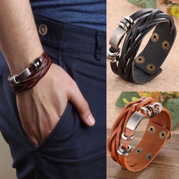 Charm-Armbänder, modisch, für Herren, Metall, Stahl, besetzt, Surfer-Leder, Vintage-Armreif