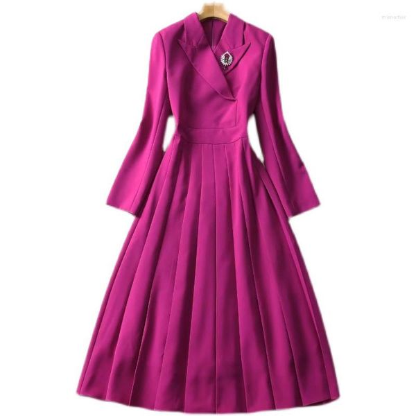 Vestidos casuais roupas de escritório femininas broche de strass gola entalhada manga longa pregas vestido midi roxo