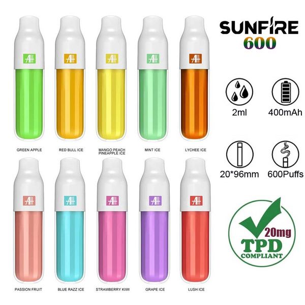 Authentic Aierbota Sunfire 600 Puffs Descartáveis Vape TPD Registrado 10 Sabores Desechable Vapor Stick Float Pen