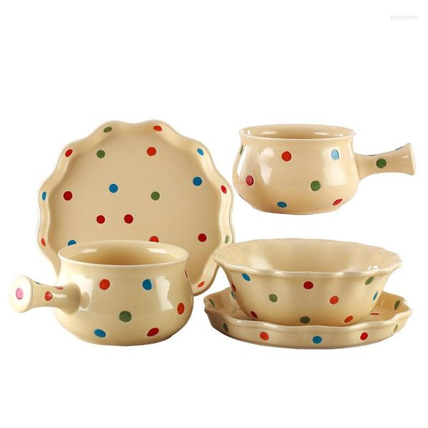 Set di stoviglie Set di ciotole e piatti in ceramica a pois Piatto creativo coreano Noodle istantanei carini