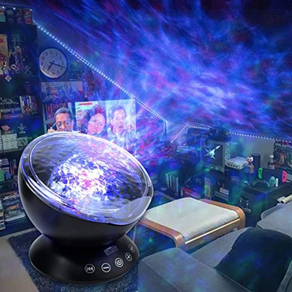 Ocean Wave Projector Sound Machine Proiettore di luce notturna 7 colori Illuminazione a LED per interni con telecomando per bambini Adulti Decorazioni per feste Regalo nero