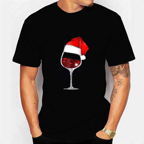 Camisetas masculinas Copo de vinho chapéu de Natal gráfico roupas de algodão marca de alta qualidade feliz ano novo camiseta P230601