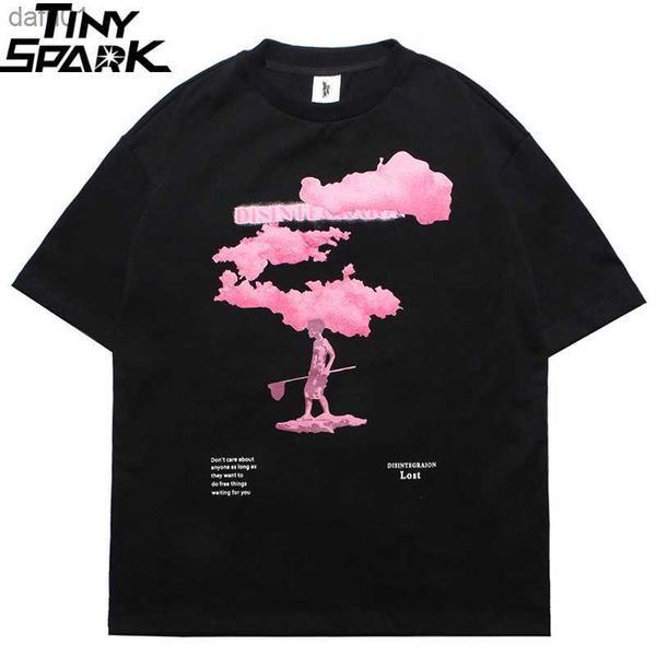2023 Street Giyim Harajuku Tshirt Pembe Bulut Hip Hop Tişörtlü Erkekler Yaz Kısa Kollu Tişört Pamuk Moda Siyah Üstler Tees Hiphop L230520