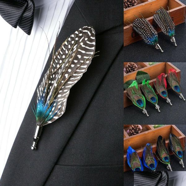 Pins Broschen 5 Farben 8,8X3,8 cm Herren Chic Handgemachte Pfau Fasan Feder Hut Revers Pin Brosche Zubehör Hochzeit für Männer Anzug Dh8PC