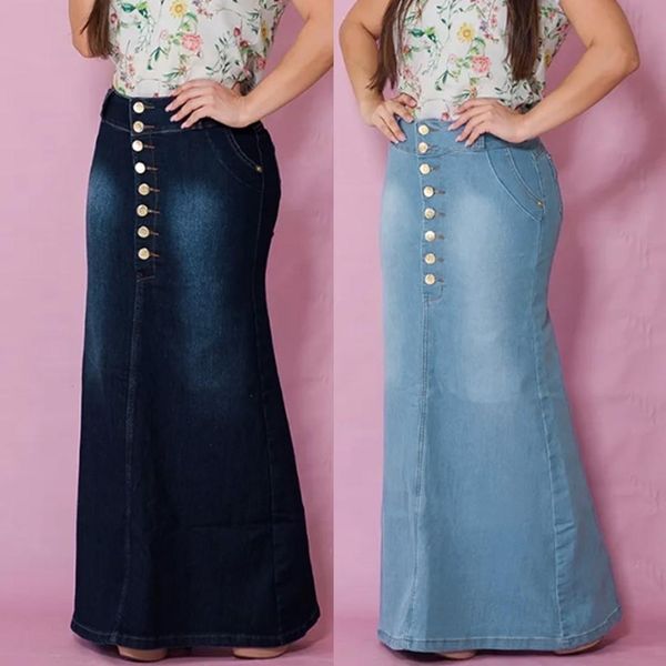 Kleider Denim -Röcke Frauen hohe Taille dehnbar vordere Knopf Lange Fischschwanz Vintage Rock Flare Jeansröcke Plus Größe Vintage Faldas