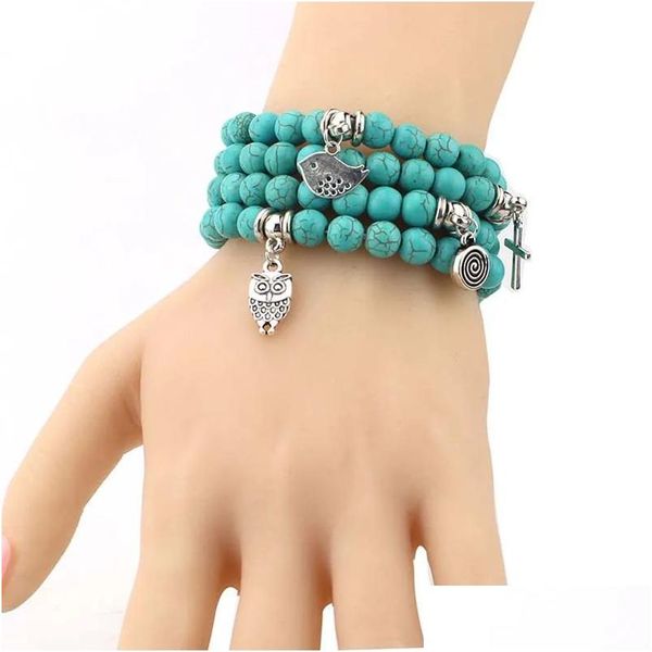 Pulseiras frisadas turquesa Strand Coruja Elefante Árvore da Vida Charme Pulseira Pulseira Punhos Para Mulheres Moda Jóias Will And Sandy Gif Dhwye