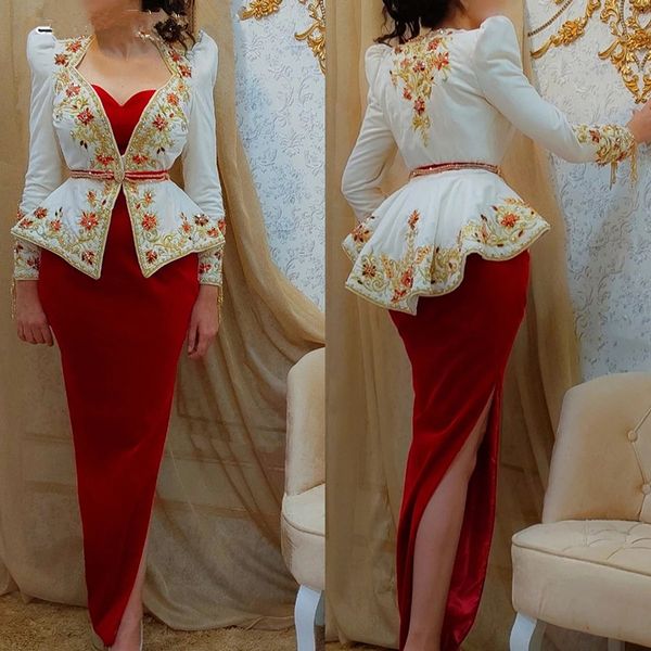 Weiß-rote Meerjungfrau-Abschlussballkleider mit Langarmjacke, algerische Outfits, Karakou-Abendkleid mit Goldperlenstickerei