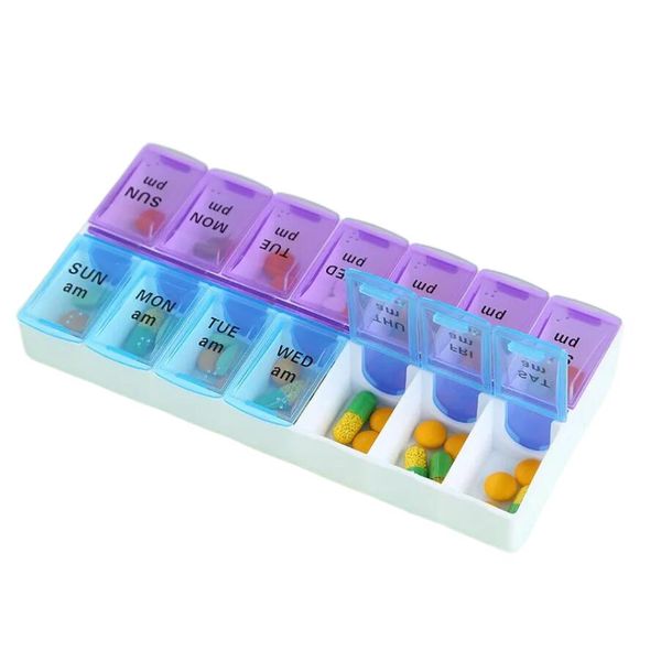 Portatile 14 Griglie Portapillole Settimanale 7 Giorni Scatola di Medicina Tablet Dispenser Organizzatore Scatola di Pillole Splitter Scatola di Immagazzinaggio di Plastica regali