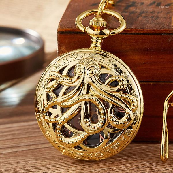 Orologi da tasca Gold Octopus Orologio meccanico Steampunk Skeleton Hand Wind Orologio dorato Fob con catena pendente per uomo Donna