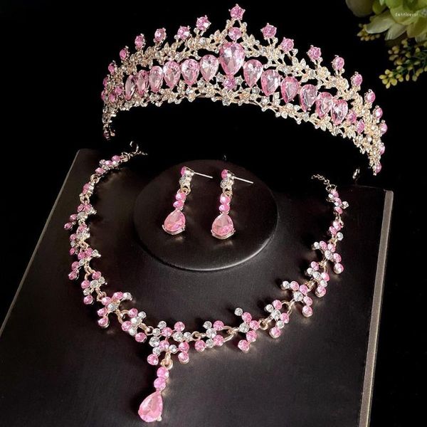 Halskette Ohrringe Set DIEZI Luxus Rosa Lila Kristall Krone Frauen Hochzeit Tiara Strass Schmuck Kleid Zubehör