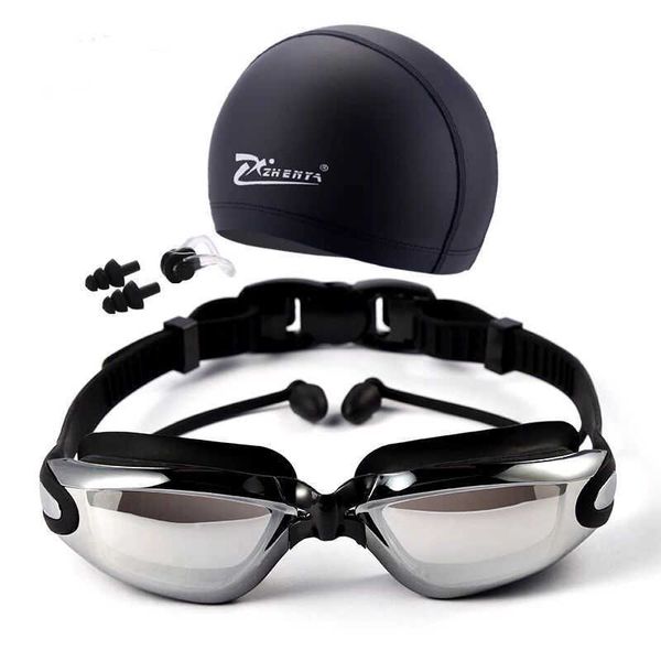 Óculos de natação com tampa tampões de ouvido clipe nasal profissional anti nevoeiro chapéu PU óculos de natação à prova d'água P230601