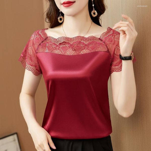Женские блузки M-4xl модная сшивающая атласная кружевная рубашка летняя женщина одежда корейская крючковая половина блузки