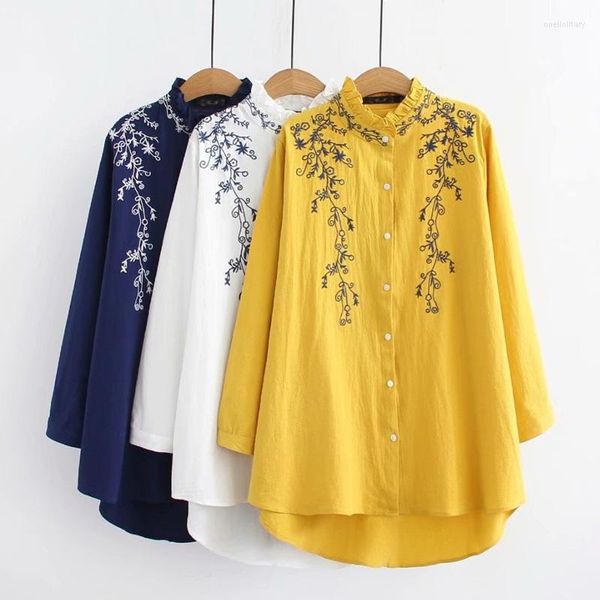 Blusas Femininas Femininas Top Elegante Feminino Primavera Bordado Camisa Tradicional Chinesa Camponês Blusa Longa Feminina FF1949