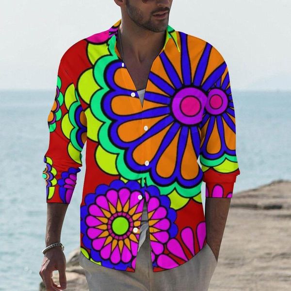 Camisas casuais masculinas Colorida Peace Retro Shirt Spring Hippy Flowers Men Novidade Blusas Manga Comprida Estampadas Roupas Estéticas Plus Size