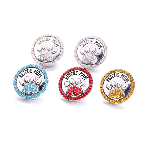 Charms All'ingrosso Rescue Mom Paw Snap Button Pet Loved Risultati dei gioielli Perline di cristallo Strass 18Mm Bottoni automatici in metallo