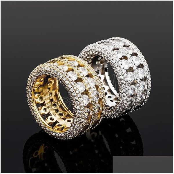 Anéis de banda Hip Hop Fashion Iced Out Bling Ring Micro Pave Cz Stone 2 Row Bigger Width Charm For Men Women Drop Delivery Jewelry Dh2B6