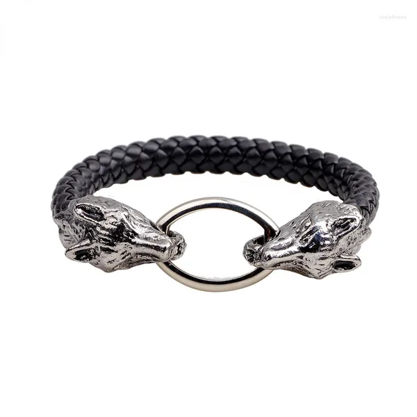 Braccialetti con ciondoli SIZZZ 20cm Lunghi raffiche di bracciale da uomo in pelle di lupo a doppia testa Personalità prepotente per donne e uomini